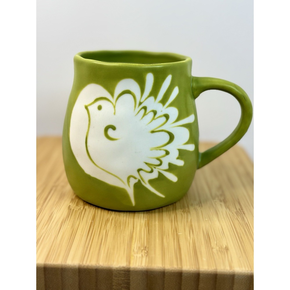 Anthropologie Matcha Latte Mug Green Motif‎ Hand Painted Glazed